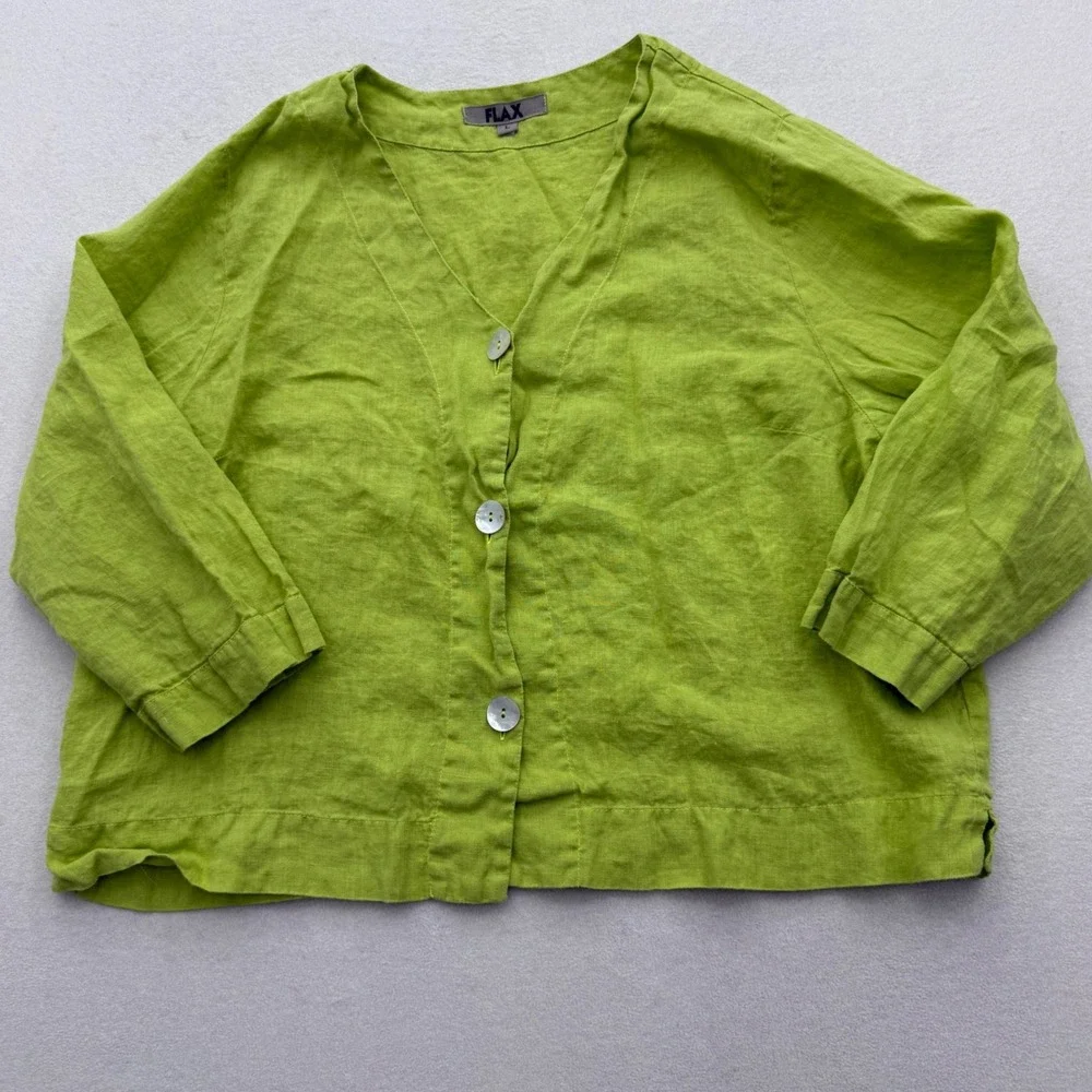 FLAX Womens Size L Large 100% Linen V-Neck Button Front Blouse Lime Green - Picture 2 of 7